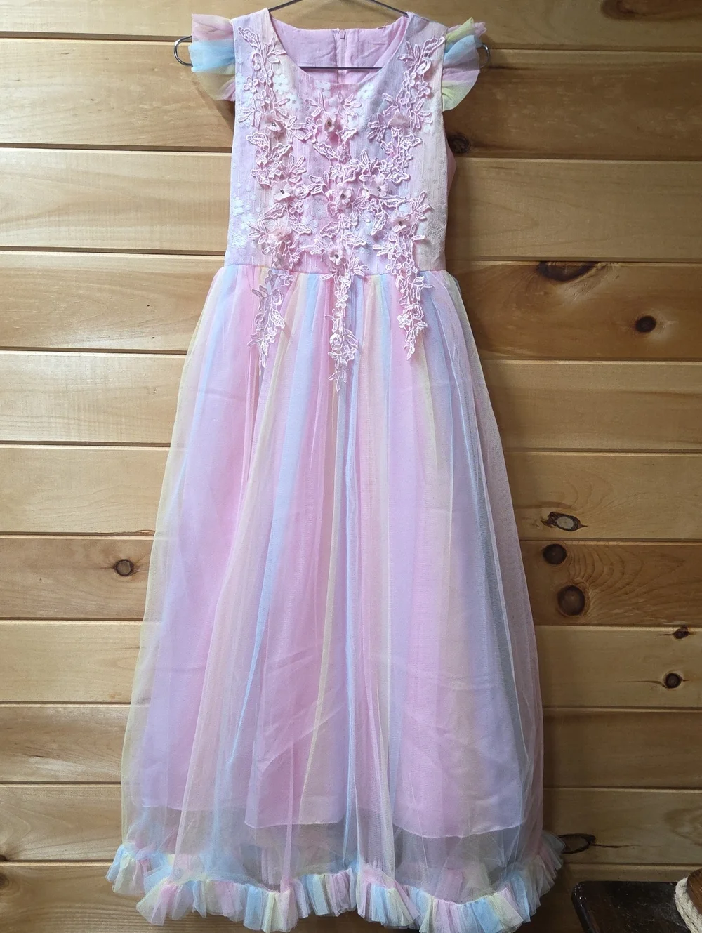 Girls' Pink Pastel Tulle Party Dress with Floral Applique